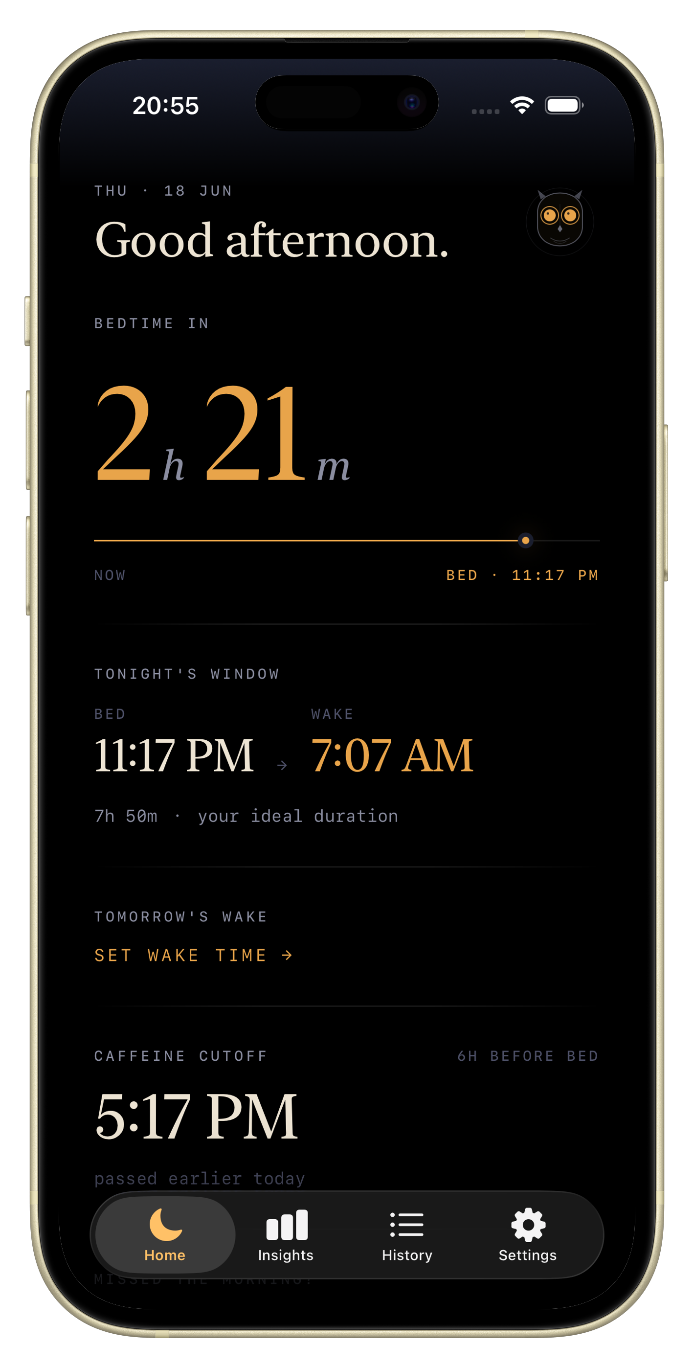 Nox home — Bedtime countdown and tonight's sleep window