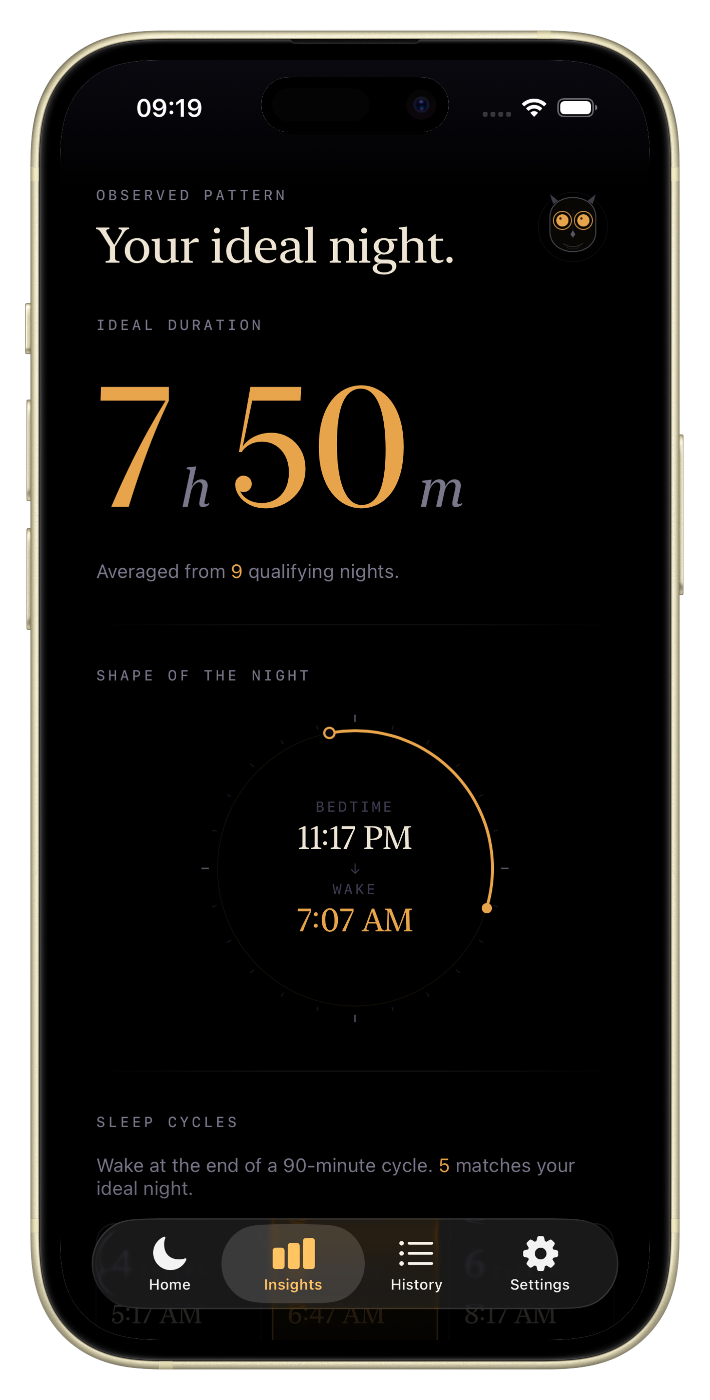 Nox insights — Your ideal night: 7 hours 50 minutes